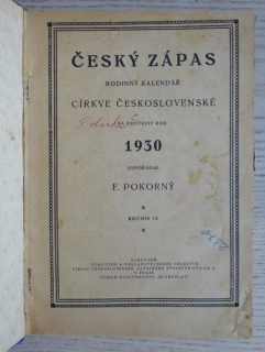 ČESKÝ ZÁPAS, RODINNÝ KALENDÁŘ CÍRKVE ČESKOSLOVENSKÉ NA OBYČEJNÝ ROK 1930, F. POKORNÝ, **an