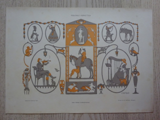 DEKORATIVNÍ TISK 1921 - ORNAMENTY, POSTAVY, HARFA, KŮŇ, PES